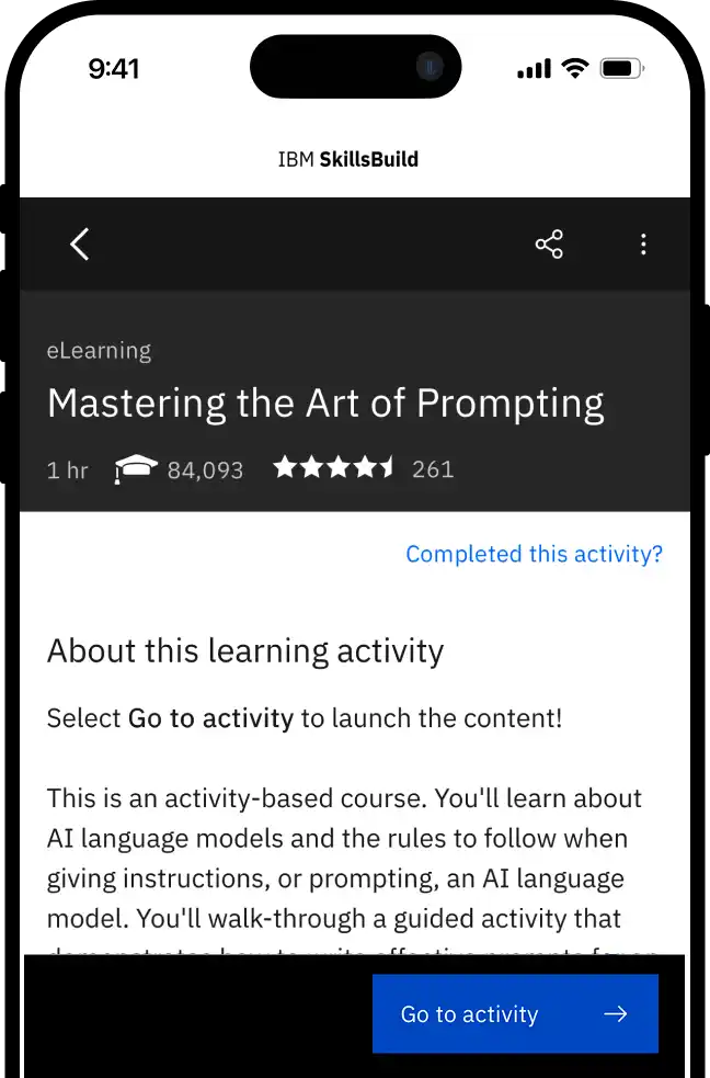 Mastering the Art of Prompting course page on IBM SkillsBuild with Go to activity button